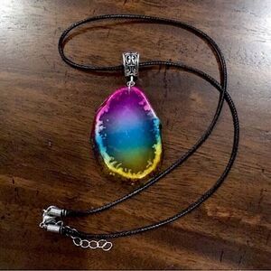 Rainbow Druzy Agate Quartz Pendant on Waxed Necklace w/ Lobster Claw Clasp